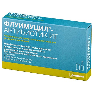 Флуимуцил Антибиотик ИТ лиоф. для приг. р-ра д/инъек. и инг. 500мг фл. №3+р-ль