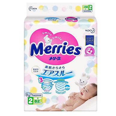 Подгузники детские Merries (Меррис) 4-8 кг Размер 2 (S) 82 шт.